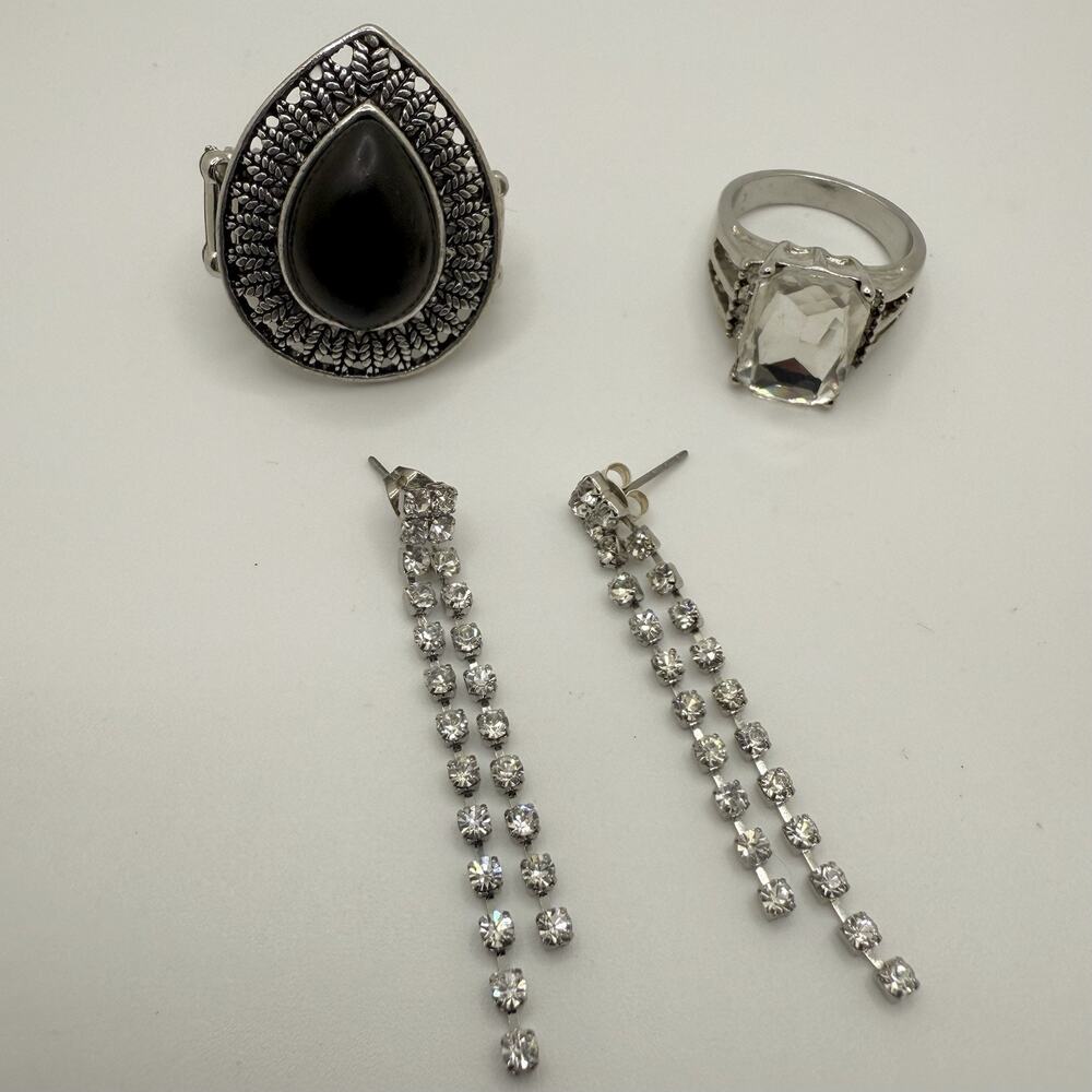 Silver Tone Jewelry Lot Rhinestone Rings Earrings Sparkle Party